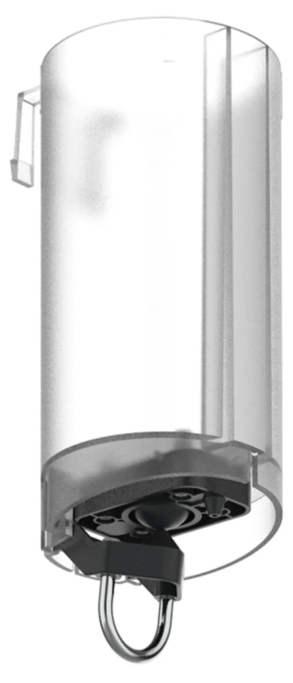 Transparenter Behälter mit schwarzem Pumpenmechanismus und Hebel, entworfen von Keuco. Der Behälter hat eine runde Form und einen Aufhänger an der Seite.